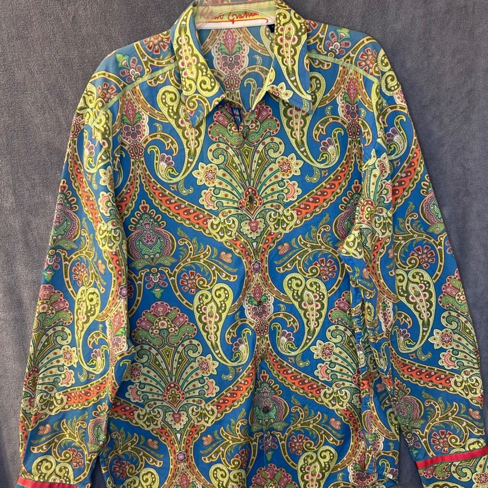 Robert Graham Mens XL Paisley Psychedelic Long Sleeve Button Down Shirt Blue